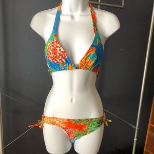 Embroidered Brazilian Bikini in colorful pattern.